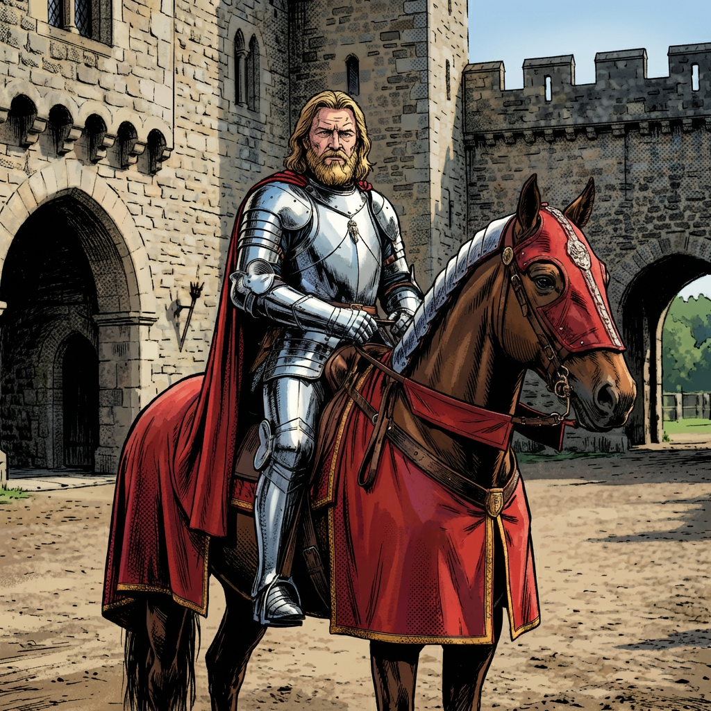 A bearded knight wearing polished silver armor and a red cloak in a castle.