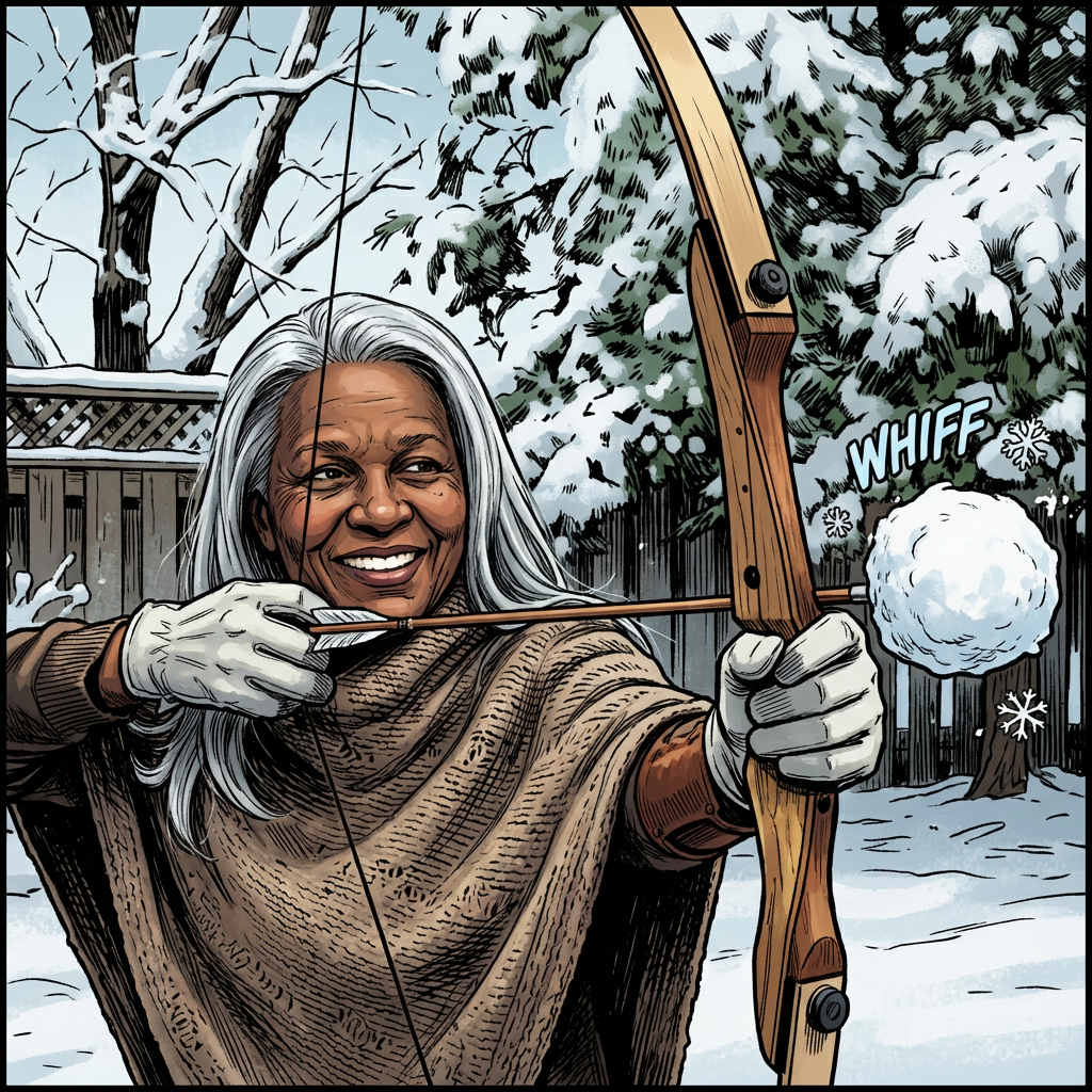 A smiling elderly Black woman with a white afro hairstyle wearing a beige knitted shawl.