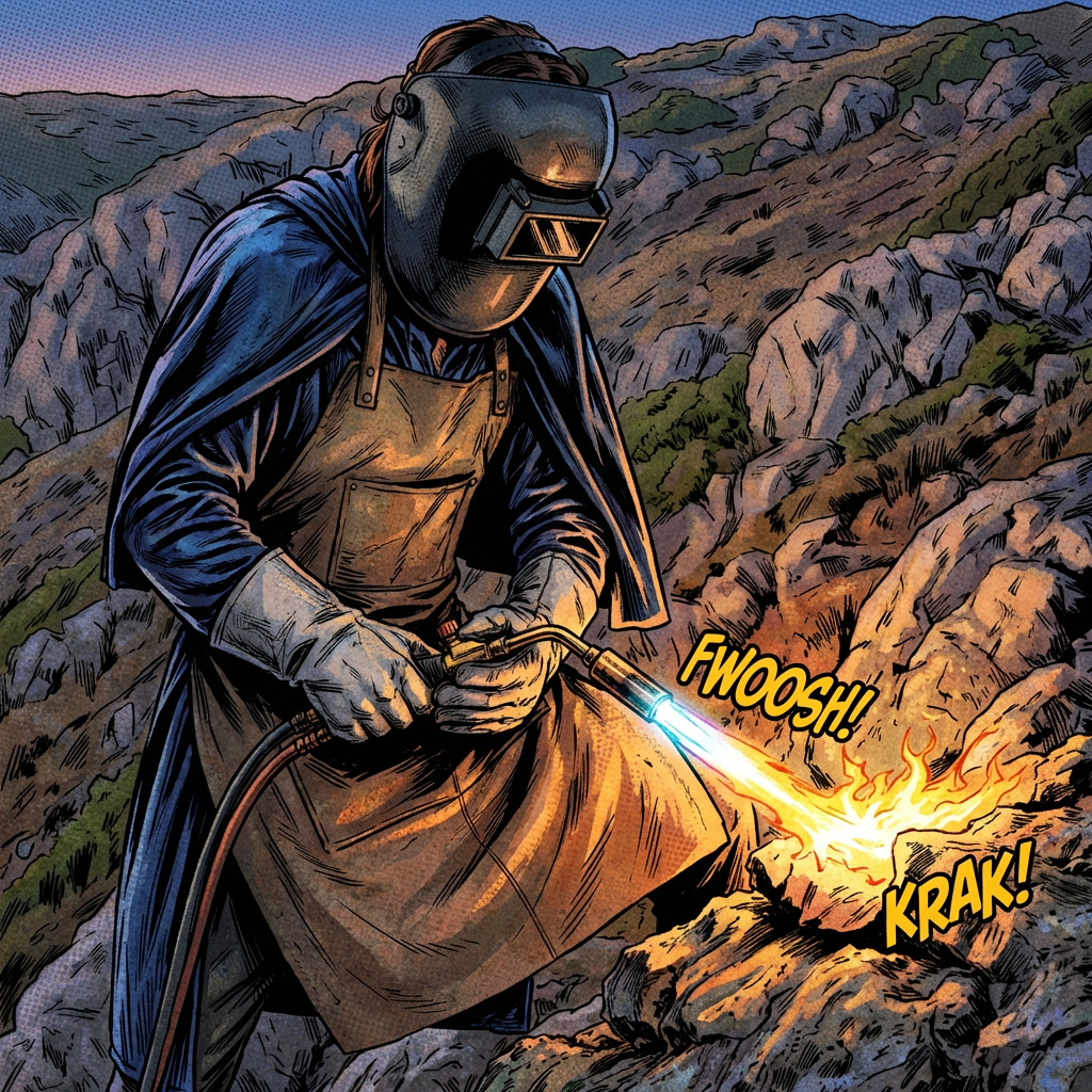 Woman in a flowing blue velvet cloak standing on a rocky cliff at sunset.