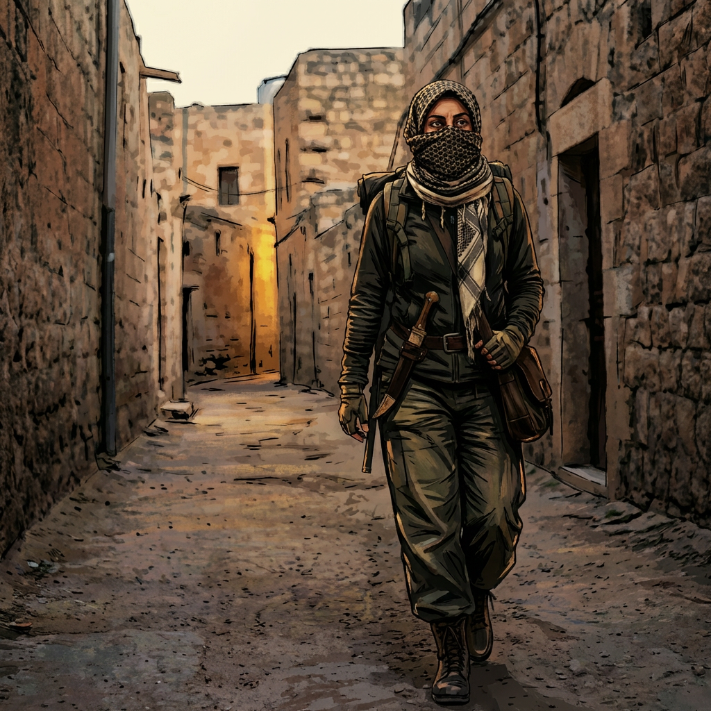 Make female assassin scene stylized artwork