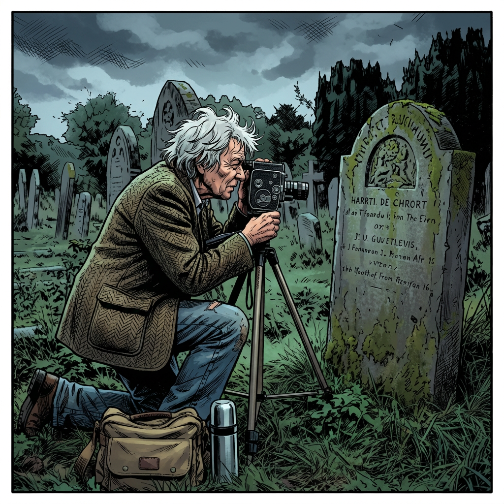 An elderly person kneeling and filming a mossy headstone with a vintage camera on a tripod.