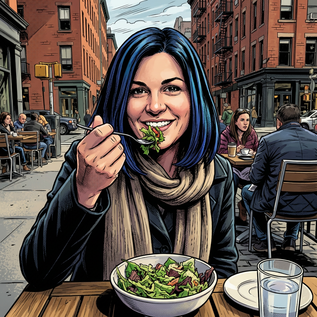 A smiling woman with blue highlights in her hair sits at an outdoor cafe.