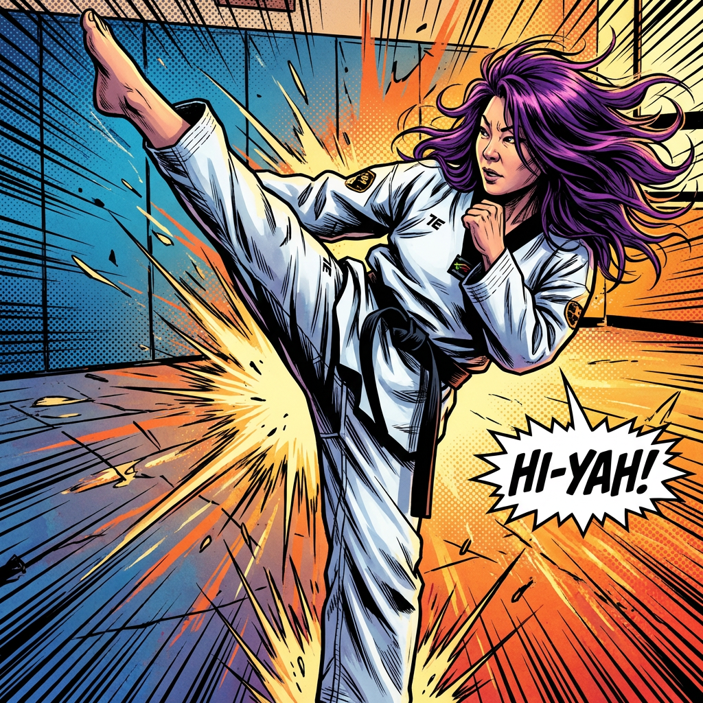 A smiling woman with wavy purple hair sitting at an outdoor cafe table.